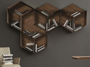 PANGEA - Modular floating walnut bookcase _ Tonin Casa